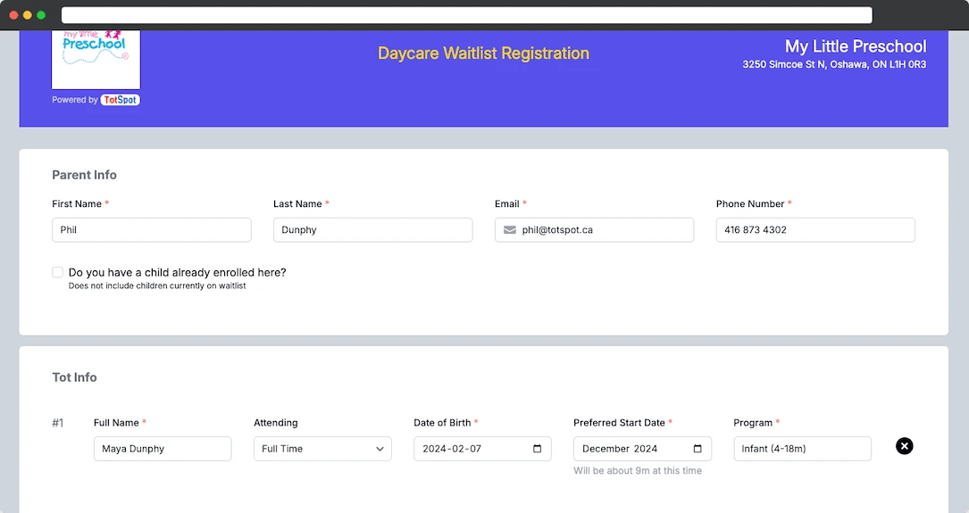 Parent breezes through the registration form and their details lands directly in your waitlist