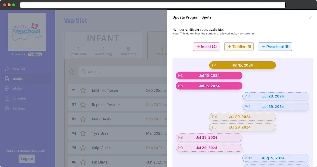 Define a start date for future open spots and invite prospective tots from your waitlist